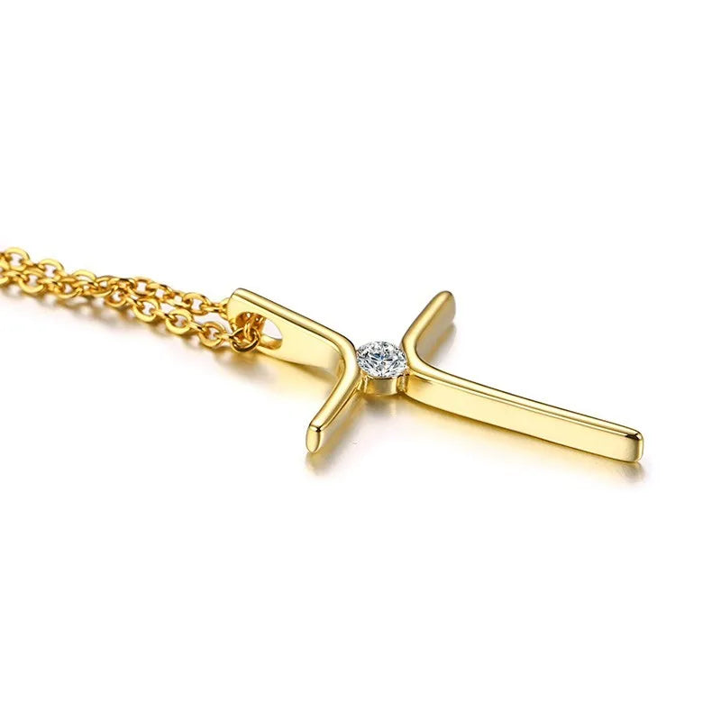 Cubic Zircon Cross Pendant Women Necklace Stainless Steel Charm CZ Stone Dainty Christian Jewelry Wholesale