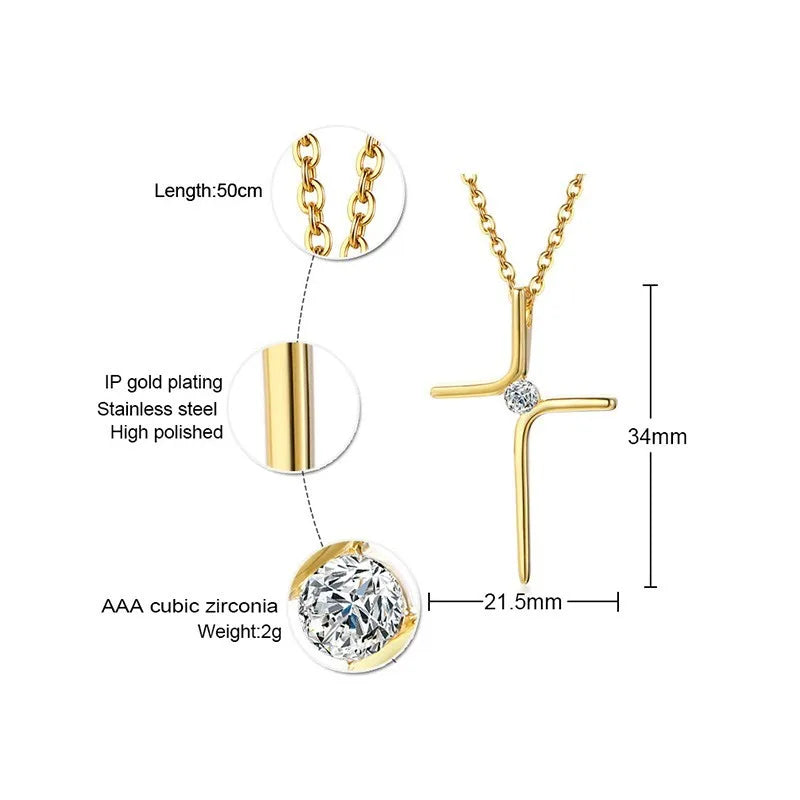 Cubic Zircon Cross Pendant Women Necklace Stainless Steel Charm CZ Stone Dainty Christian Jewelry Wholesale