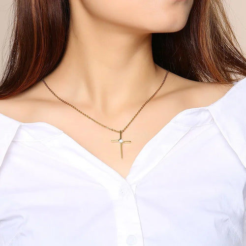 Cubic Zircon Cross Pendant Women Necklace Stainless Steel Charm CZ Stone Dainty Christian Jewelry Wholesale