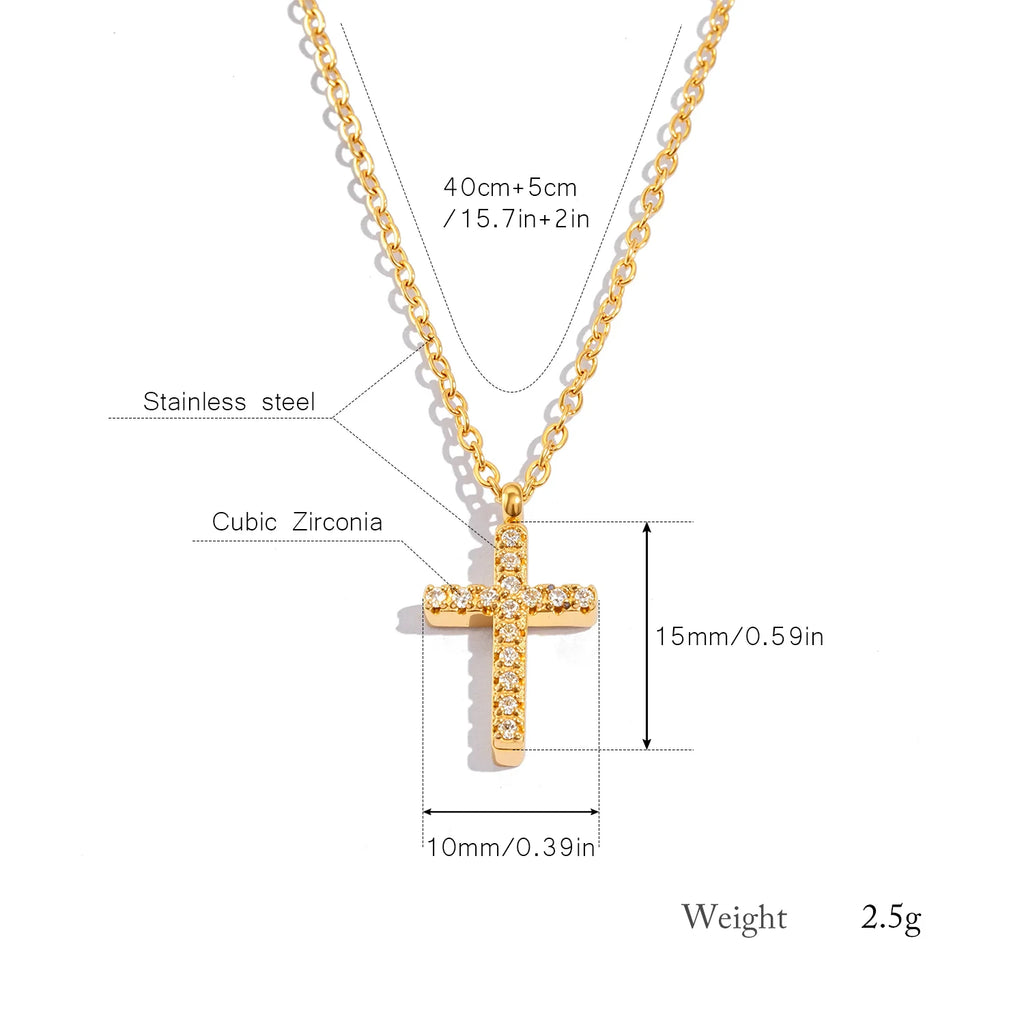Dainty Small Cross Pendant Necklace with Zirconia, 18K Gold Plated Stainless Steel Delicate Everyday Jewelry Gift for Women