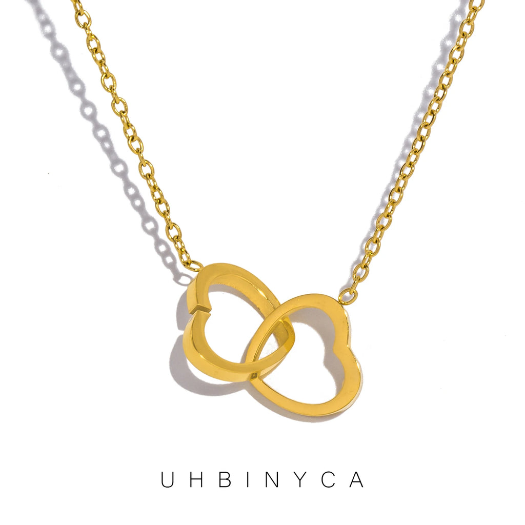UHBINYCA Dainty Both Heart Pendant Collar Necklace for Women Gold Plated Stainless Steel Exquisite Fashion Jewelry