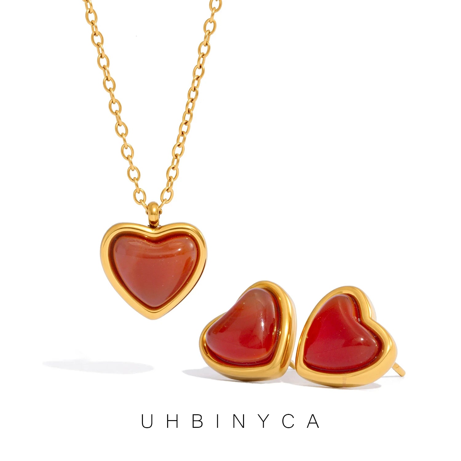 Red Resin Heart Pendant Necklace & Earrings Set for Women, 18K Gold Plated Stainless Steel, Romantic Gift Jewelry