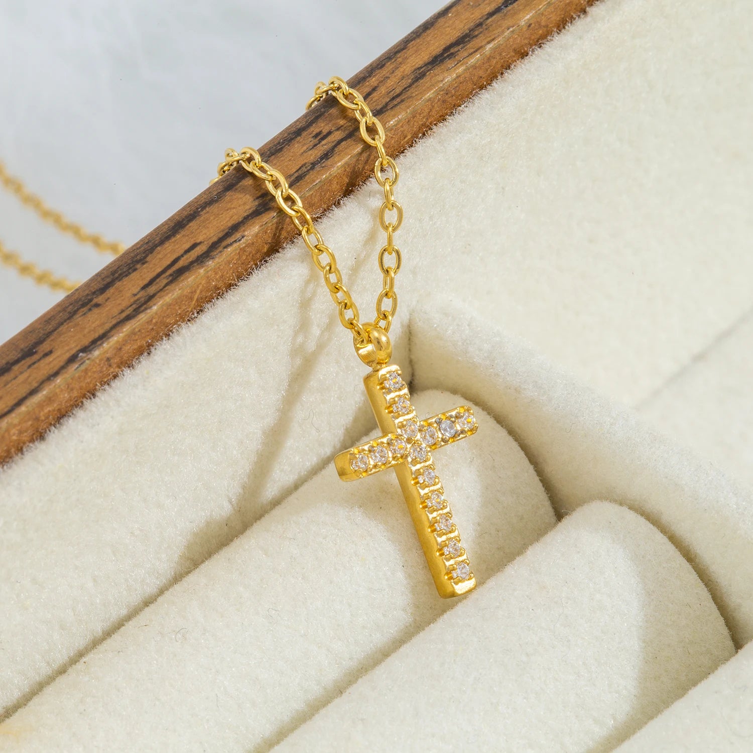 Dainty Small Cross Pendant Necklace with Zirconia, 18K Gold Plated Stainless Steel Delicate Everyday Jewelry Gift for Women