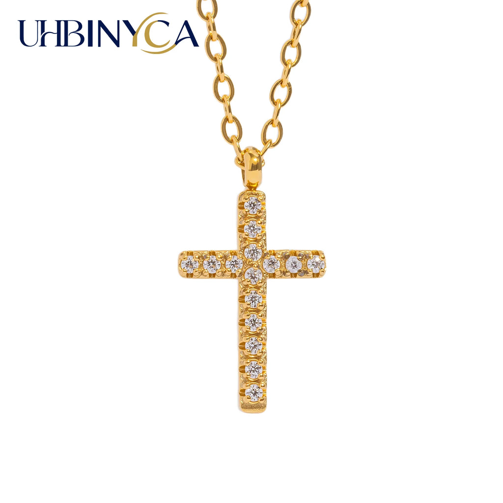 Dainty Small Cross Pendant Necklace with Zirconia, 18K Gold Plated Stainless Steel Delicate Everyday Jewelry Gift for Women