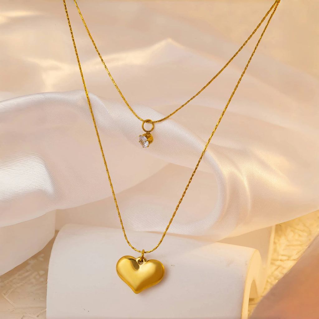 Double Layer Necklace for Women, Zirconia & Heart Pendant & 18K Gold Plated Stainless Steel, Fashion Hypoallergenic Jewelry Gift