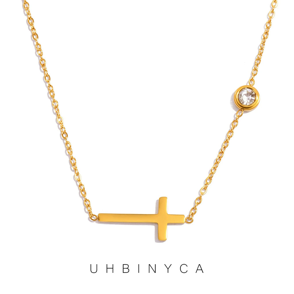 Classic Sacred Cross Charm Choker Necklace Bracelet for Women,CZ Accented Stainless Steel Hypoallergenic Collar Chain for Women
