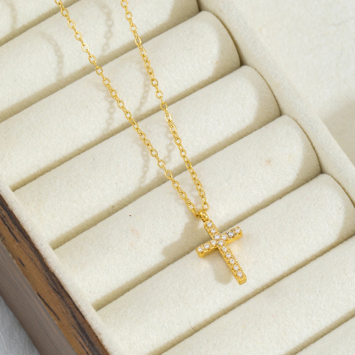 Dainty Small Cross Pendant Necklace with Zirconia, 18K Gold Plated Stainless Steel Delicate Everyday Jewelry Gift for Women