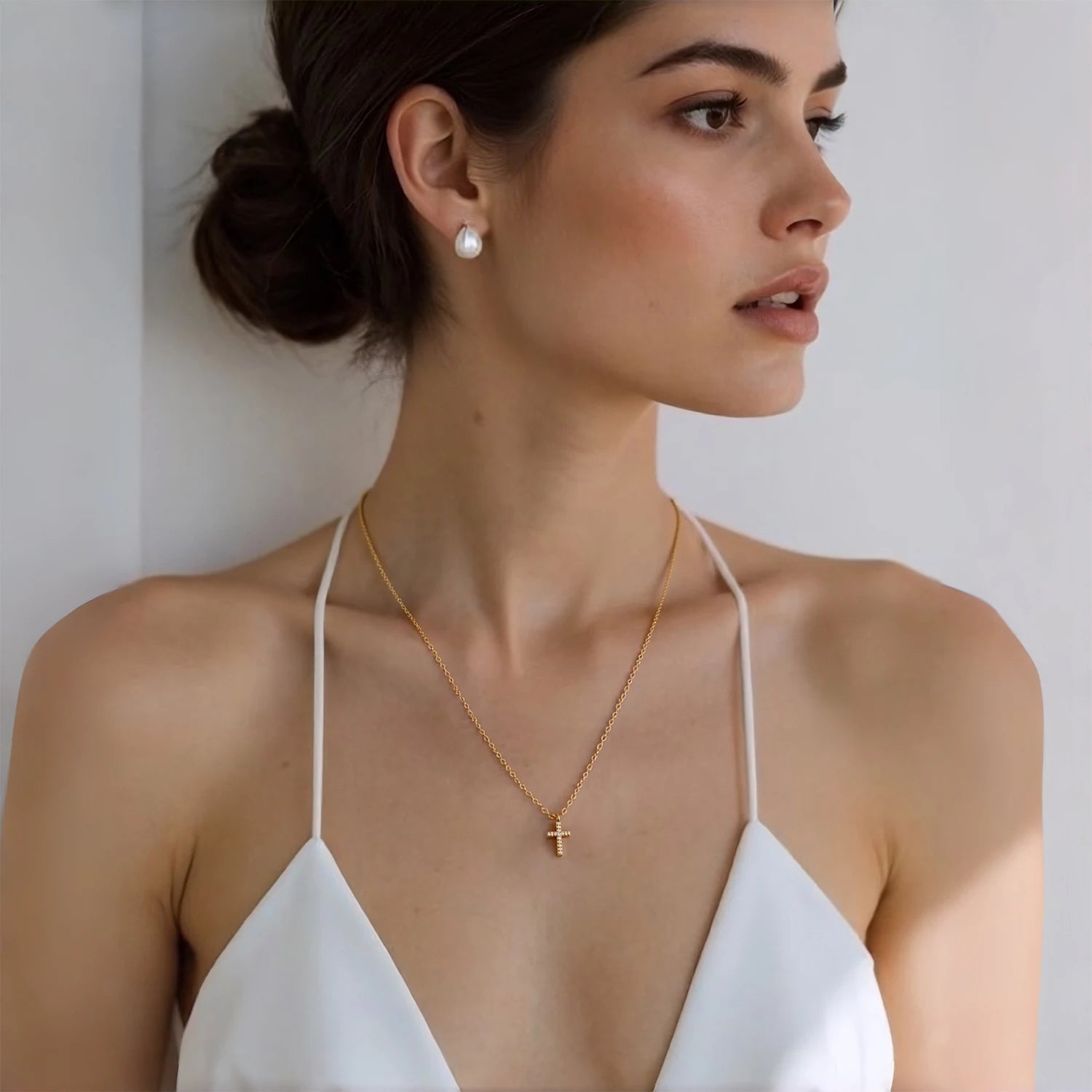 Dainty Small Cross Pendant Necklace with Zirconia, 18K Gold Plated Stainless Steel Delicate Everyday Jewelry Gift for Women