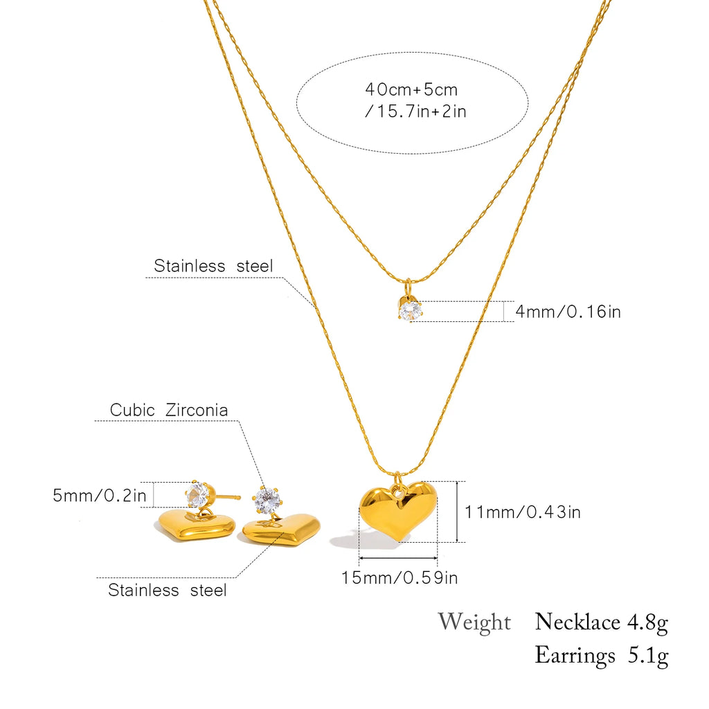 Double Layer Necklace for Women, Zirconia & Heart Pendant & 18K Gold Plated Stainless Steel, Fashion Hypoallergenic Jewelry Gift