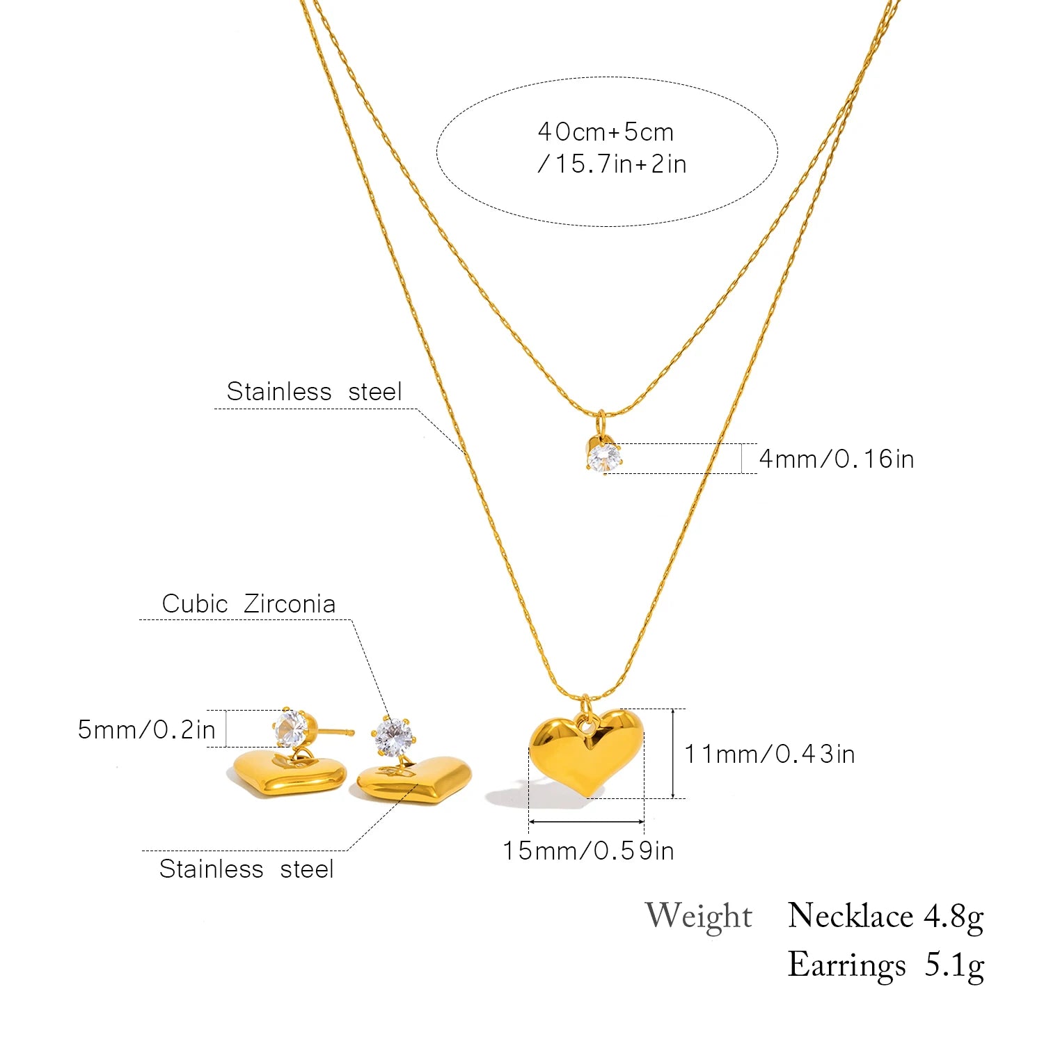 Double Layer Necklace for Women, Zirconia & Heart Pendant & 18K Gold Plated Stainless Steel, Fashion Hypoallergenic Jewelry Gift
