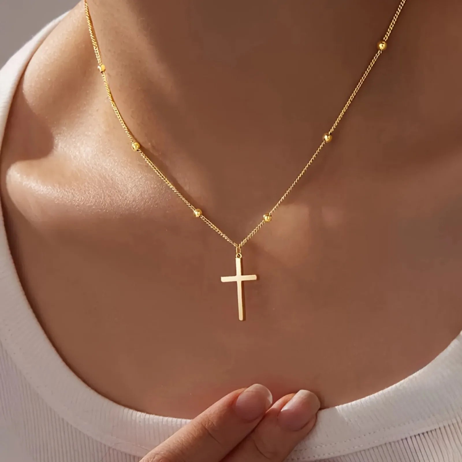 Golden Cross Pendant Necklace 316 Stainless Steel Hypoallergenic Durable Womens Jewelry Gift
