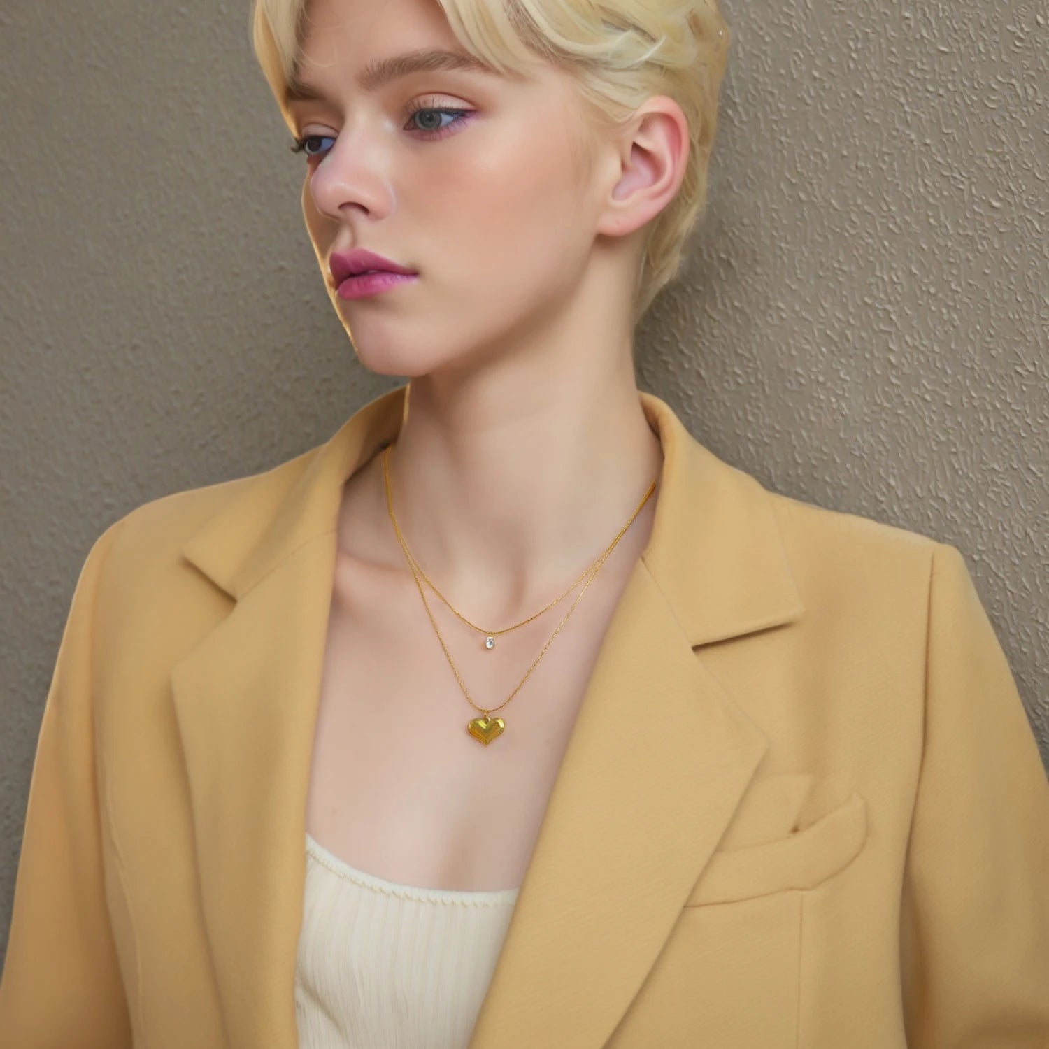Double Layer Necklace for Women, Zirconia & Heart Pendant & 18K Gold Plated Stainless Steel, Fashion Hypoallergenic Jewelry Gift