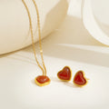 Red Resin Heart Pendant Necklace & Earrings Set for Women, 18K Gold Plated Stainless Steel, Romantic Gift Jewelry