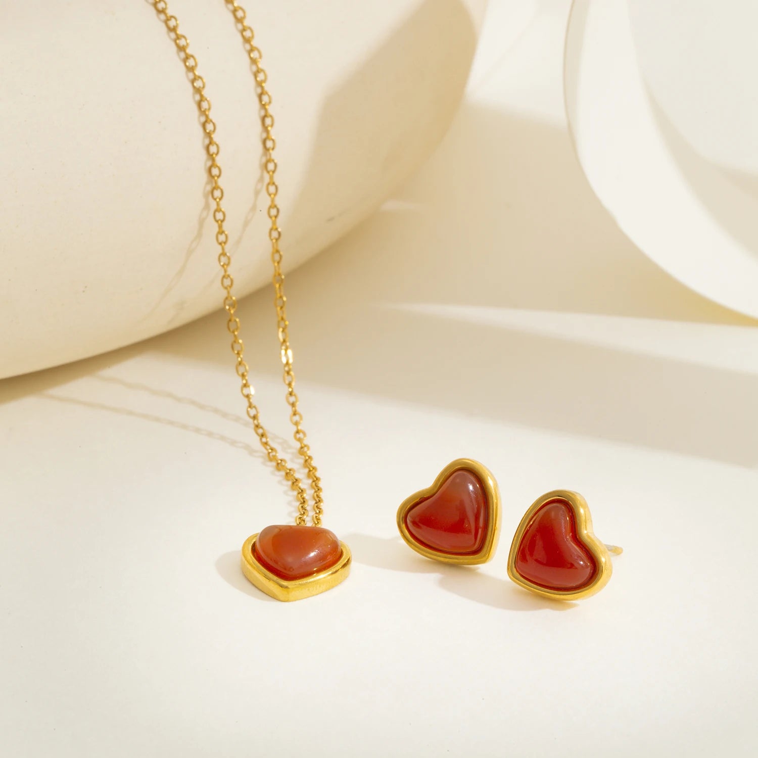 Red Resin Heart Pendant Necklace & Earrings Set for Women, 18K Gold Plated Stainless Steel, Romantic Gift Jewelry