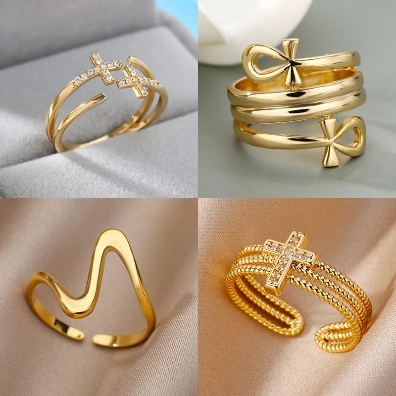 Zircon Double Cross Rings For Woman Stainless Steel Gold Color Shiny Opening Ring New Luxury Fashion Wedding Jewelry Gift Bague