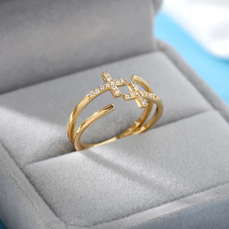 Zircon Double Cross Rings For Woman Stainless Steel Gold Color Shiny Opening Ring New Luxury Fashion Wedding Jewelry Gift Bague