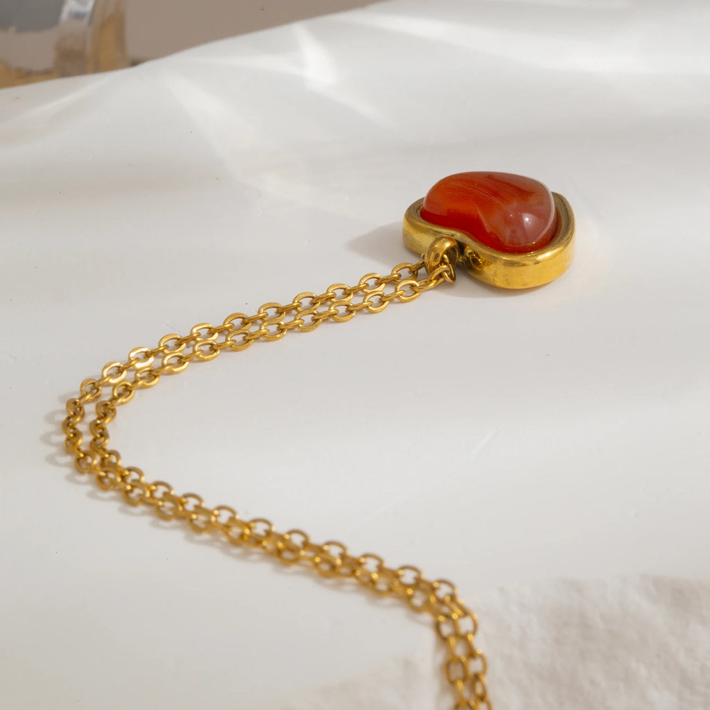 Red Resin Heart Pendant Necklace & Earrings Set for Women, 18K Gold Plated Stainless Steel, Romantic Gift Jewelry