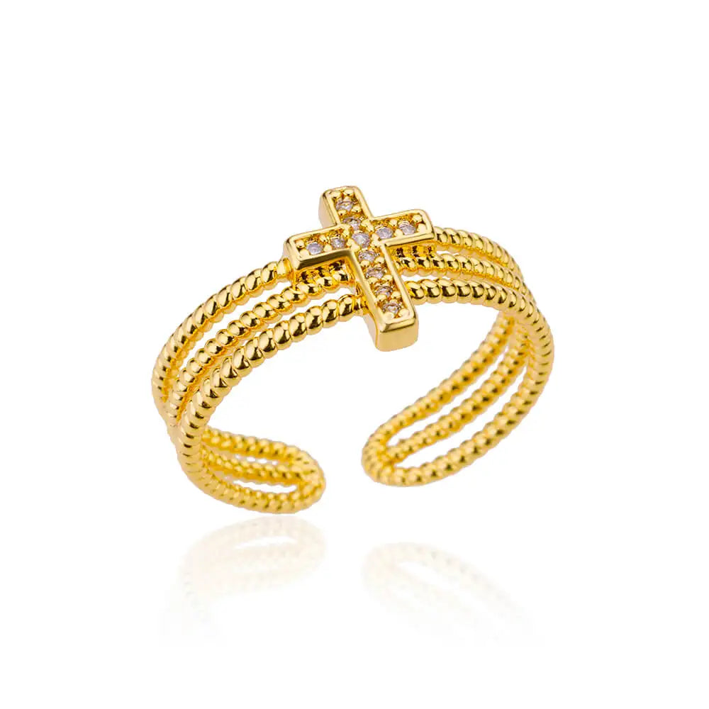 Zircon Double Cross Rings For Woman Stainless Steel Gold Color Shiny Opening Ring New Luxury Fashion Wedding Jewelry Gift Bague