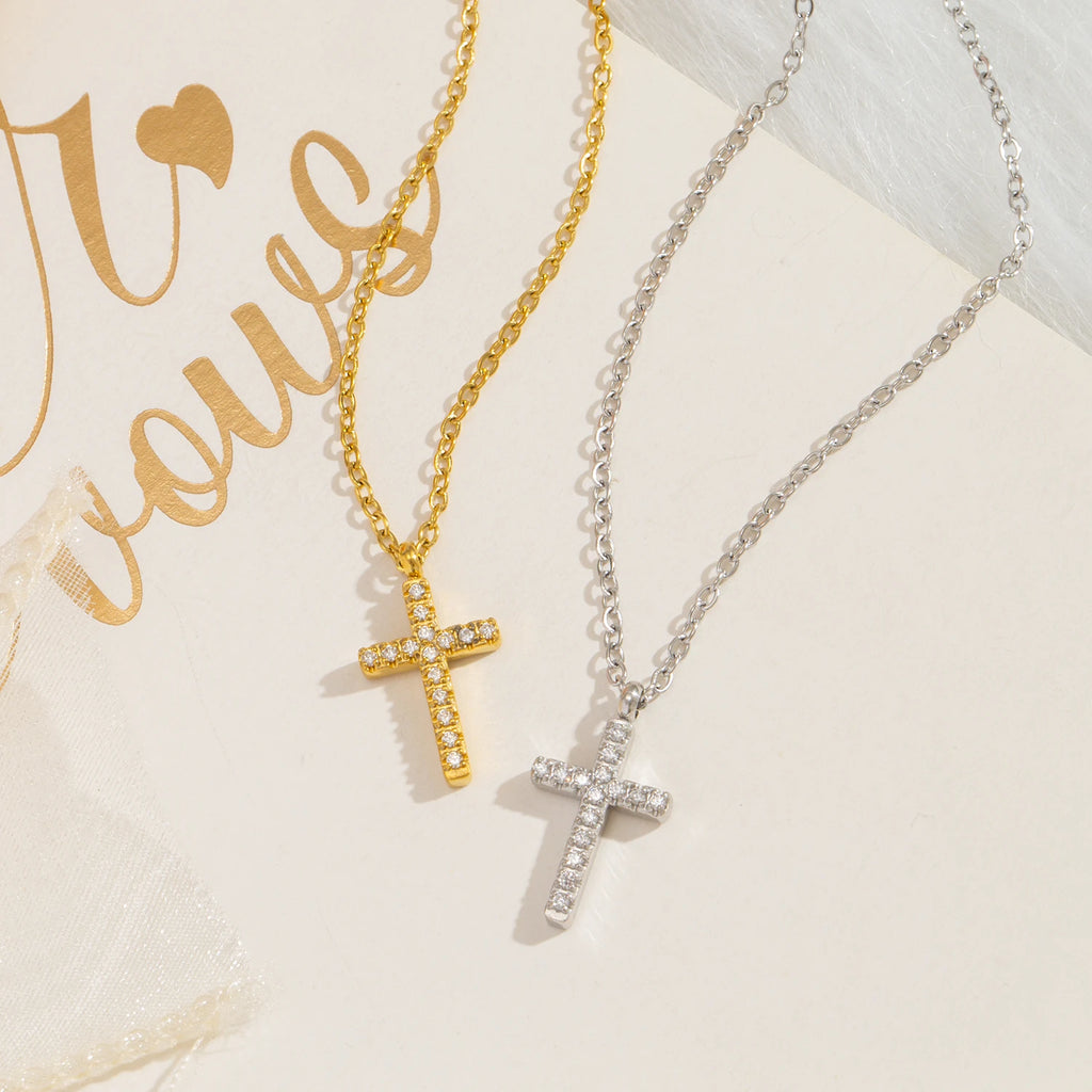 Dainty Small Cross Pendant Necklace with Zirconia, 18K Gold Plated Stainless Steel Delicate Everyday Jewelry Gift for Women