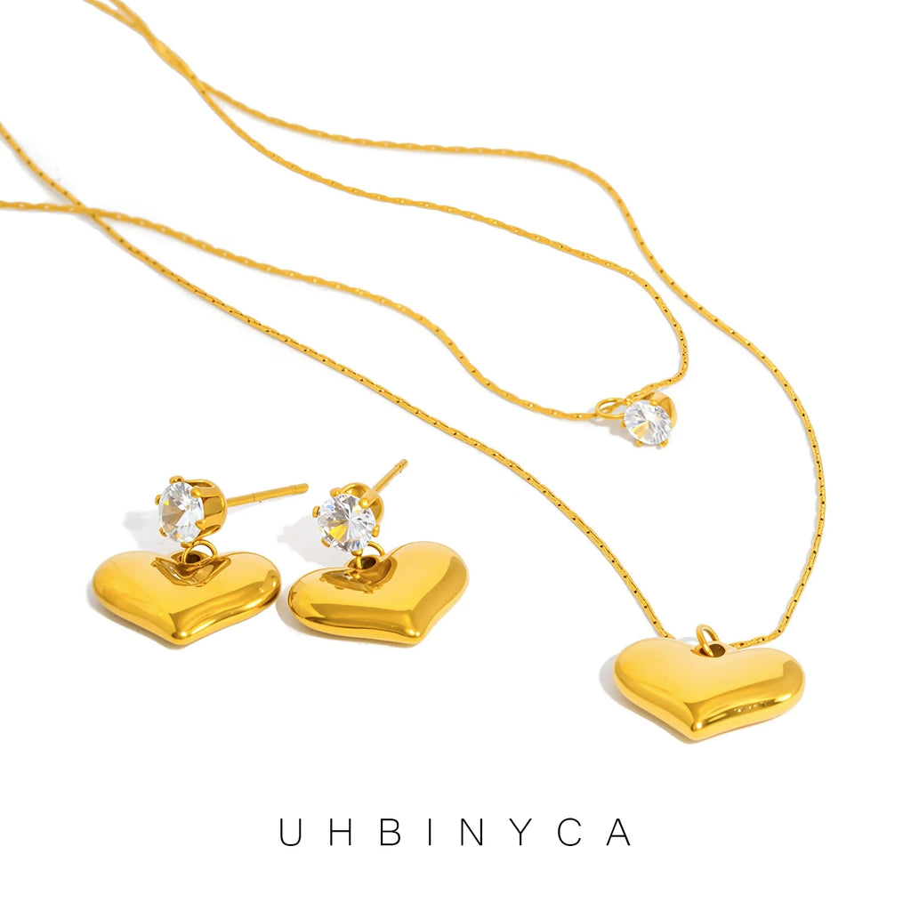 Double Layer Necklace for Women, Zirconia & Heart Pendant & 18K Gold Plated Stainless Steel, Fashion Hypoallergenic Jewelry Gift