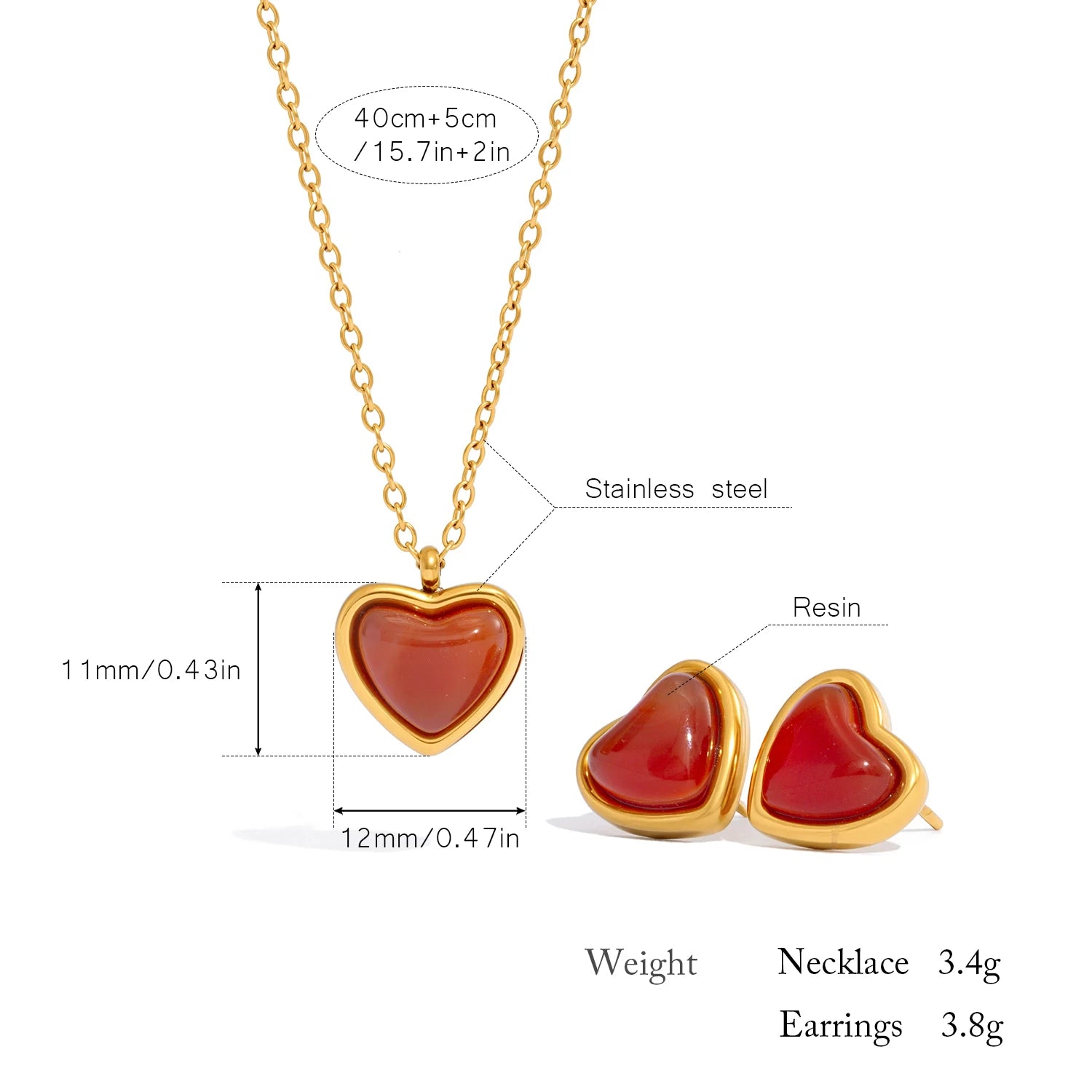 Red Resin Heart Pendant Necklace & Earrings Set for Women, 18K Gold Plated Stainless Steel, Romantic Gift Jewelry