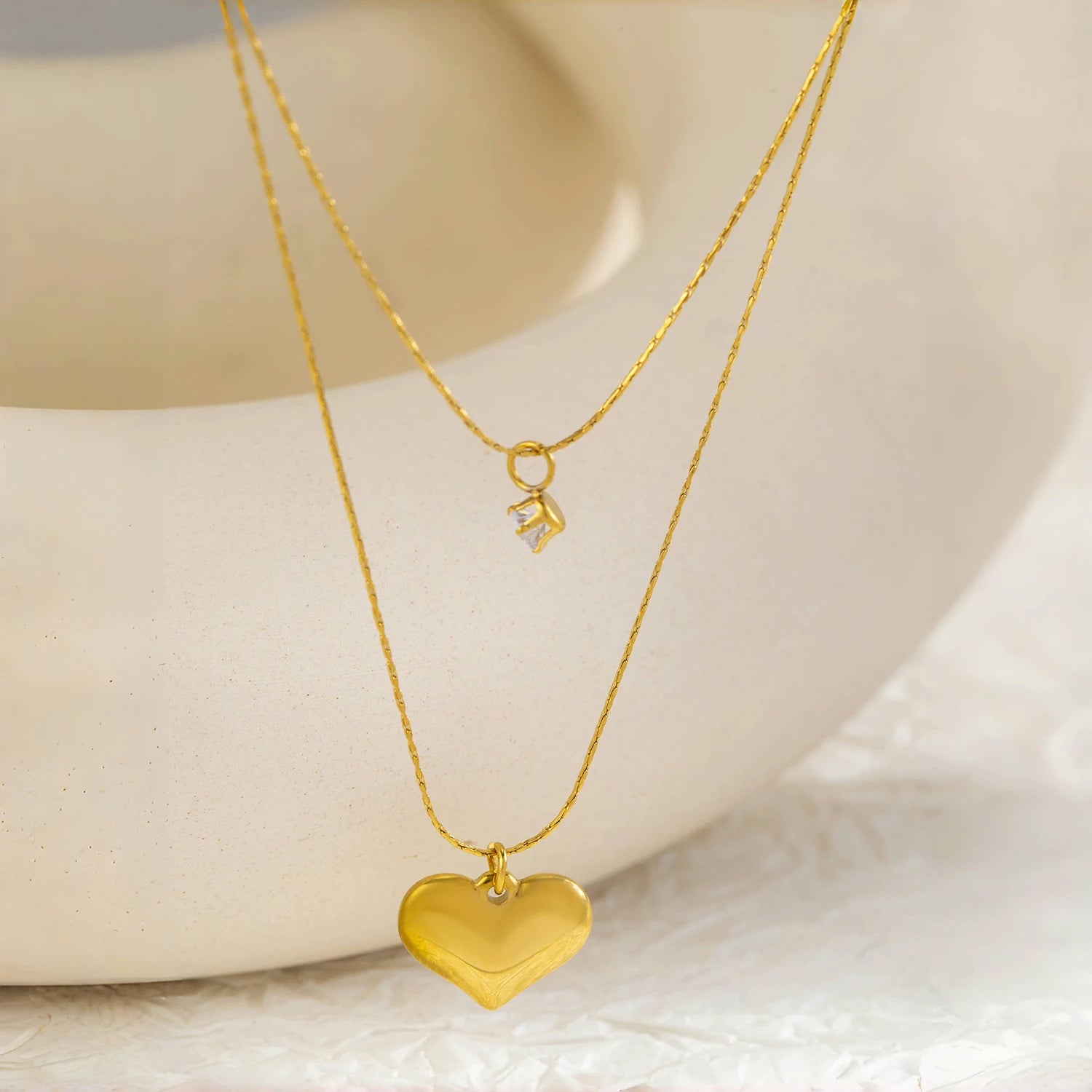 Double Layer Necklace for Women, Zirconia & Heart Pendant & 18K Gold Plated Stainless Steel, Fashion Hypoallergenic Jewelry Gift