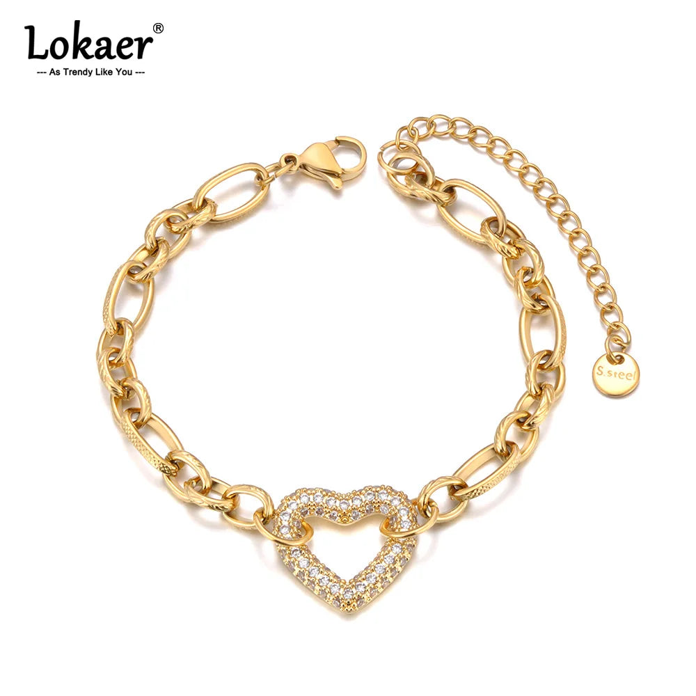 Lokaer Delicate Rhinestone Heart Flower Charm Bracelet Exquisite Stainless Steel Waterproof Jewelry Women Drop Shipping B25018