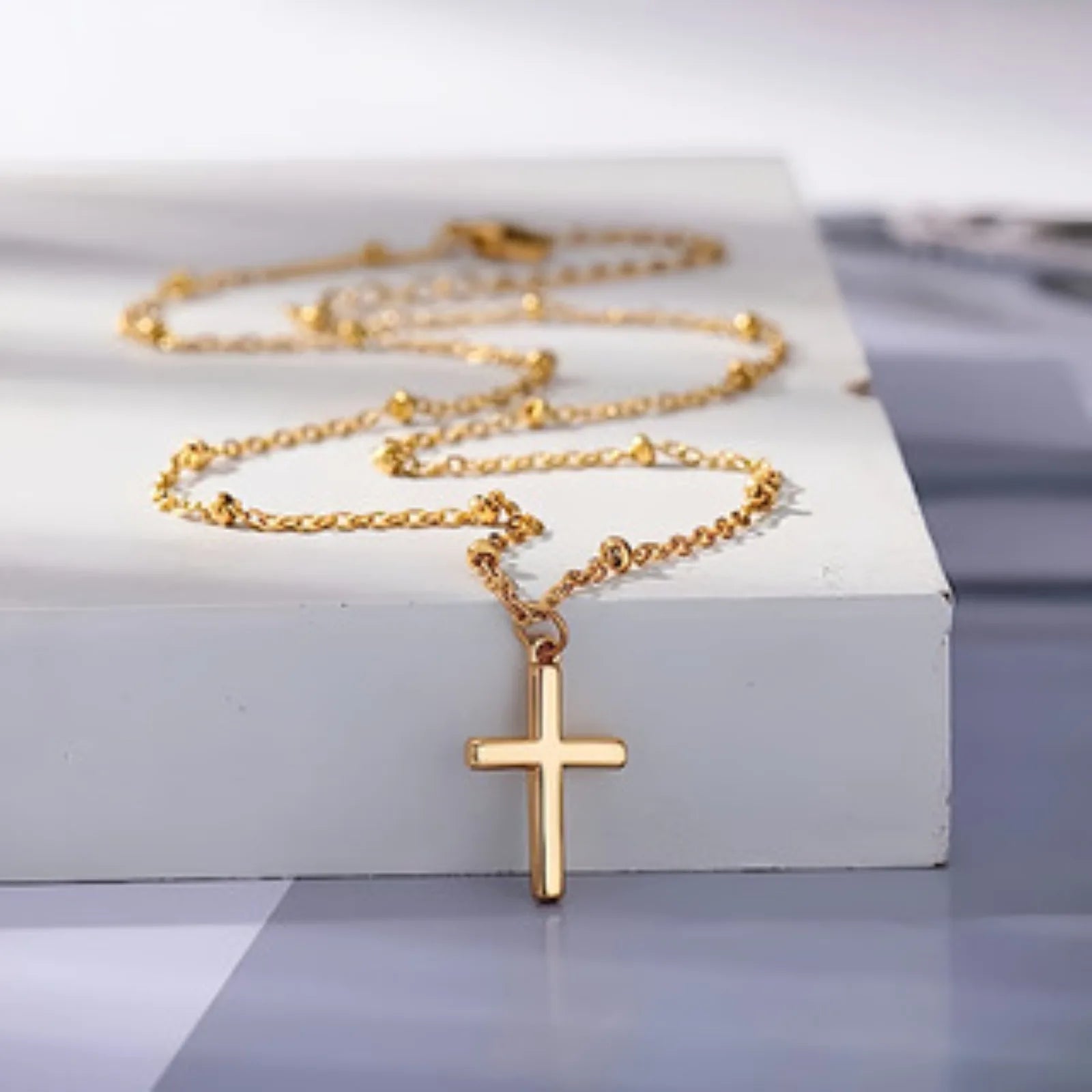 Golden Cross Pendant Necklace 316 Stainless Steel Hypoallergenic Durable Womens Jewelry Gift