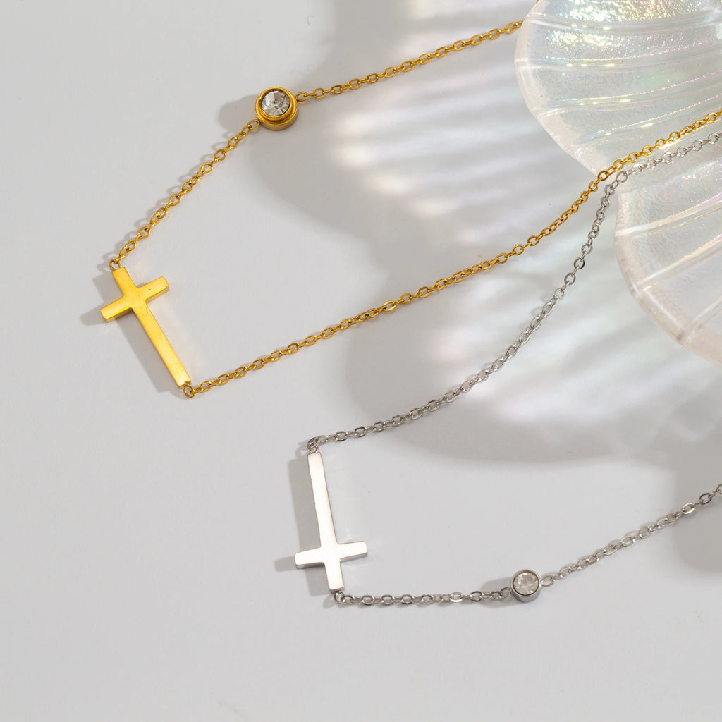 Classic Sacred Cross Charm Choker Necklace Bracelet for Women,CZ Accented Stainless Steel Hypoallergenic Collar Chain for Women