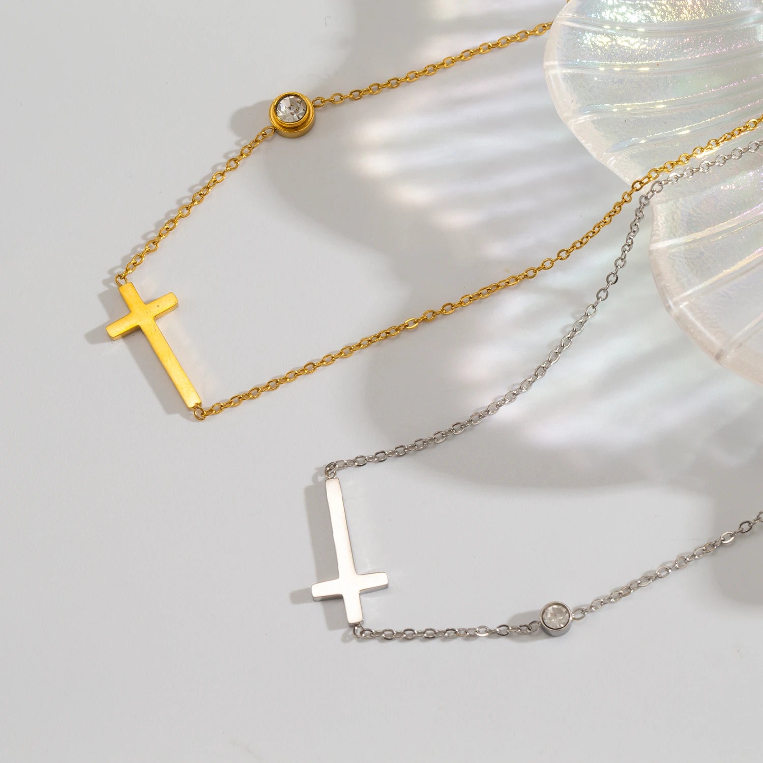 Classic Sacred Cross Charm Choker Necklace Bracelet for Women,CZ Accented Stainless Steel Hypoallergenic Collar Chain for Women