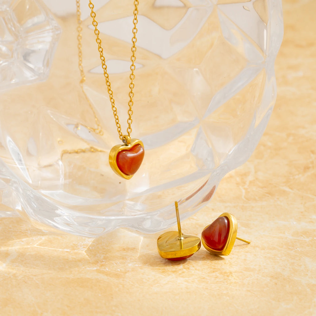 Red Resin Heart Pendant Necklace & Earrings Set for Women, 18K Gold Plated Stainless Steel, Romantic Gift Jewelry