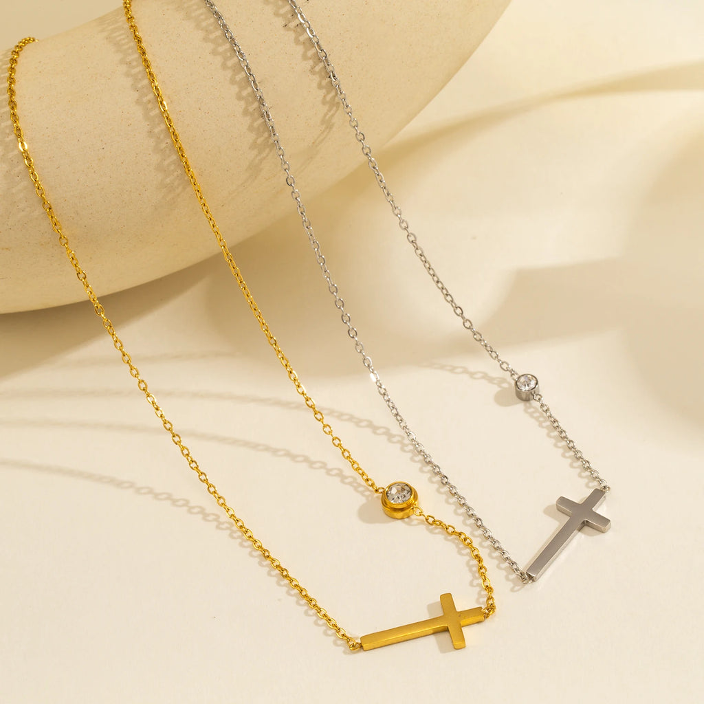 Classic Sacred Cross Charm Choker Necklace Bracelet for Women,CZ Accented Stainless Steel Hypoallergenic Collar Chain for Women