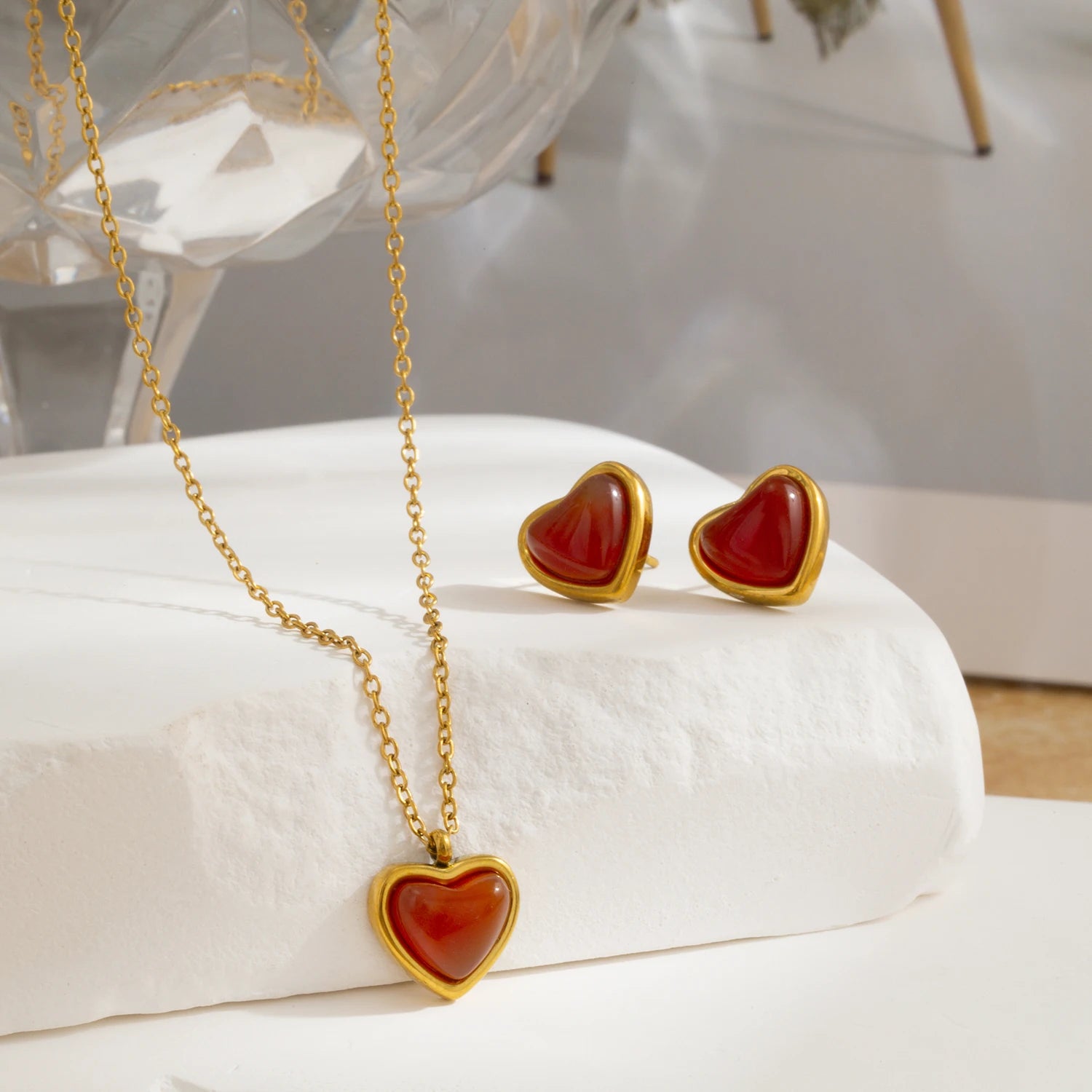 Red Resin Heart Pendant Necklace & Earrings Set for Women, 18K Gold Plated Stainless Steel, Romantic Gift Jewelry