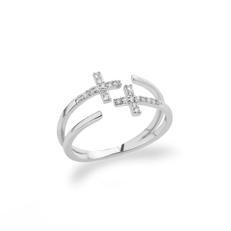 Zircon Double Cross Rings For Woman Stainless Steel Gold Color Shiny Opening Ring New Luxury Fashion Wedding Jewelry Gift Bague