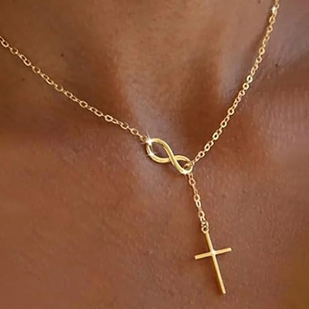 DGIDDK Stainless Steel Infinite Lucky 8 Cross Pendant Y Necklace Women's Anti-Allergy, Infinite Lasso Faith Forever Necklace