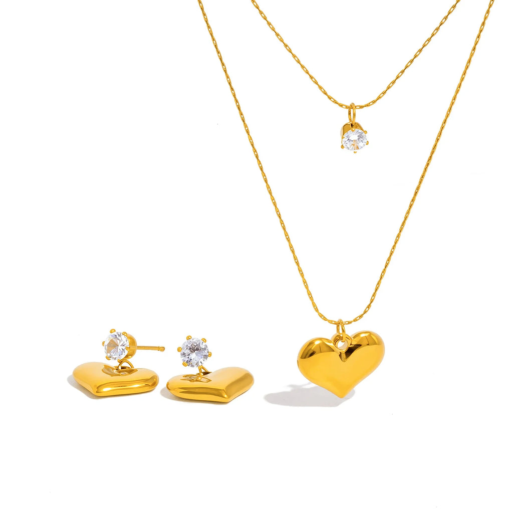 Double Layer Necklace for Women, Zirconia & Heart Pendant & 18K Gold Plated Stainless Steel, Fashion Hypoallergenic Jewelry Gift