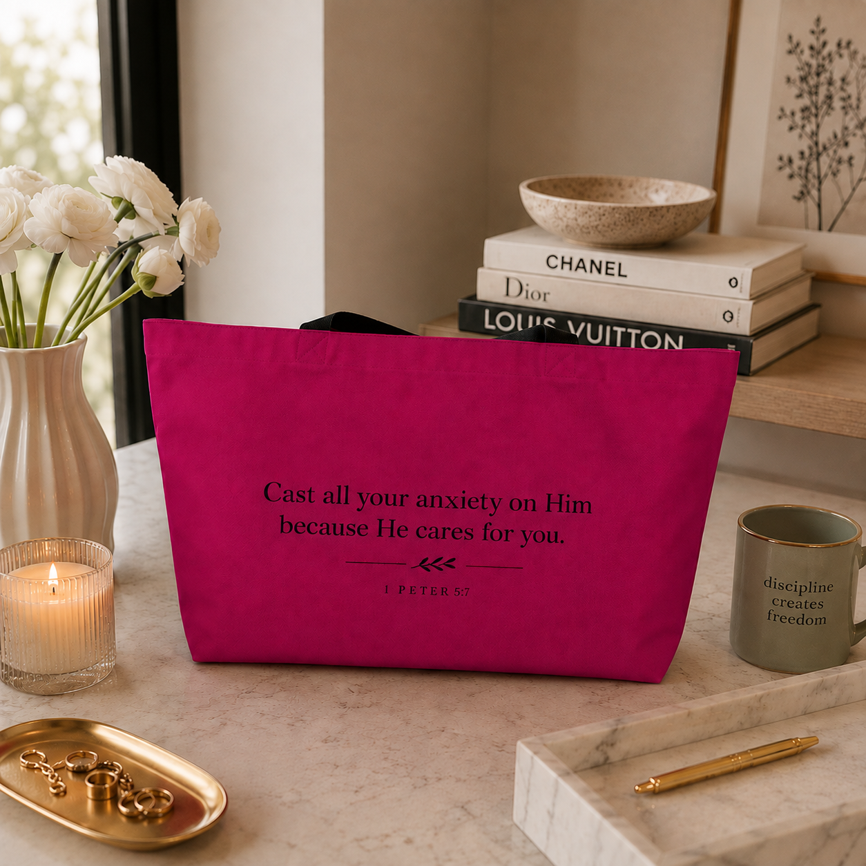 1 Peter 5:7 Tote Bag (Pink)